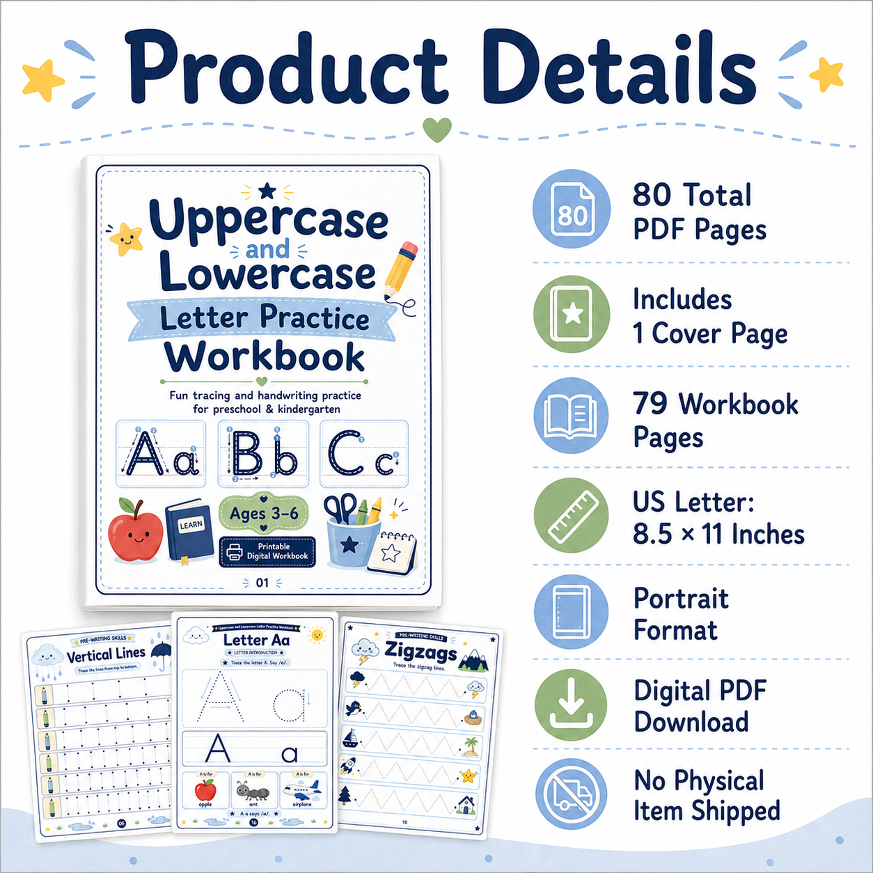 Uppercase & Lowercase Letter Practice Workbook | 80 Printable Alphabet Tracing, Matching & Handwriting Activities for Ages 3–6