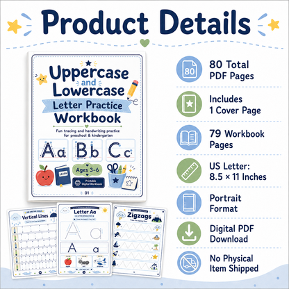 Uppercase & Lowercase Letter Practice Workbook | 80 Printable Alphabet Tracing, Matching & Handwriting Activities for Ages 3–6