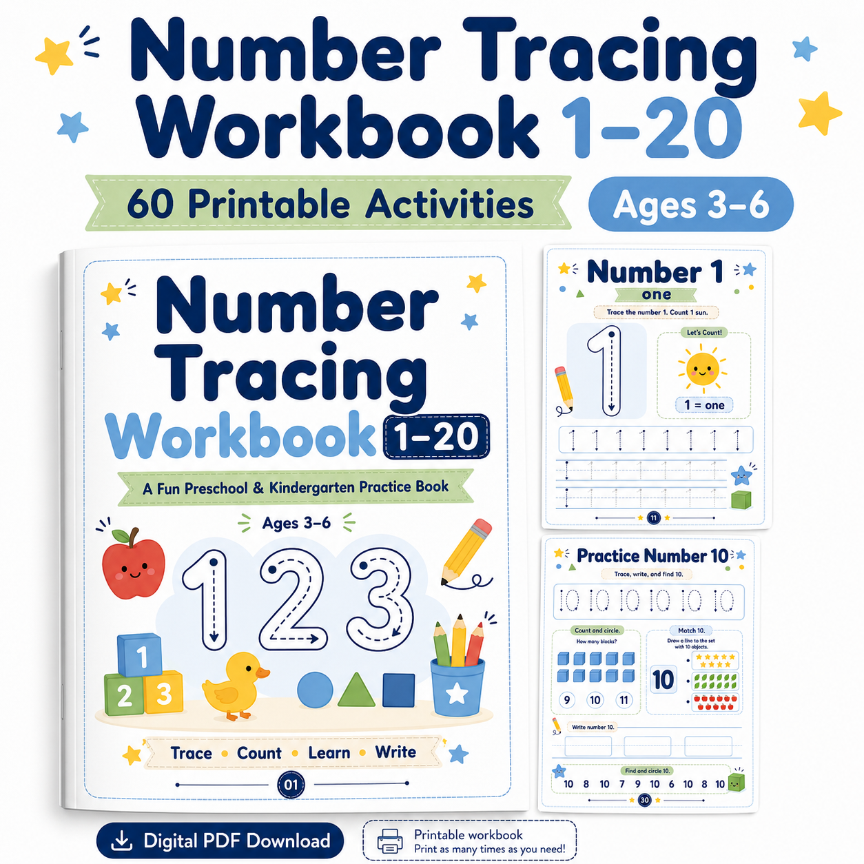 Number Tracing Workbook 1–20 | 60 Printable Counting, Number Recognition & Handwriting Activities for Ages 3–6