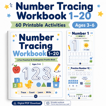 Number Tracing Workbook 1–20 | 60 Printable Counting, Number Recognition & Handwriting Activities for Ages 3–6
