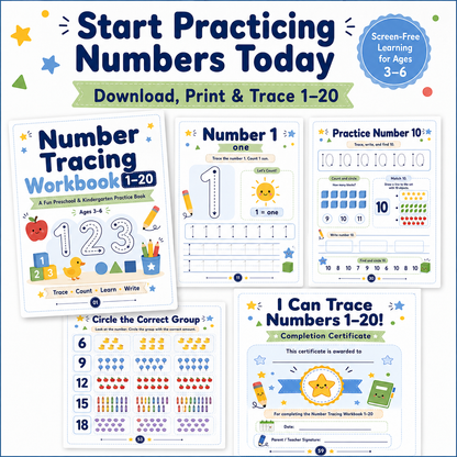 Number Tracing Workbook 1–20 | 60 Printable Counting, Number Recognition & Handwriting Activities for Ages 3–6
