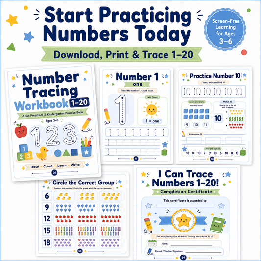 Number Tracing Workbook 1–20 | 60 Printable Counting, Number Recognition & Handwriting Activities for Ages 3–6