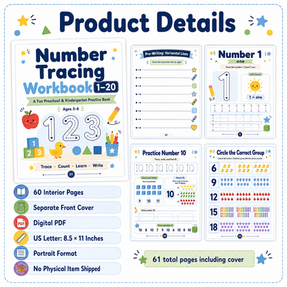 Number Tracing Workbook 1–20 | 60 Printable Counting, Number Recognition & Handwriting Activities for Ages 3–6