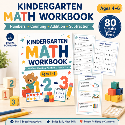 Kindergarten Math Workbook Ages 4–6 | Numbers, Counting, Addition & Subtraction Printable PDF