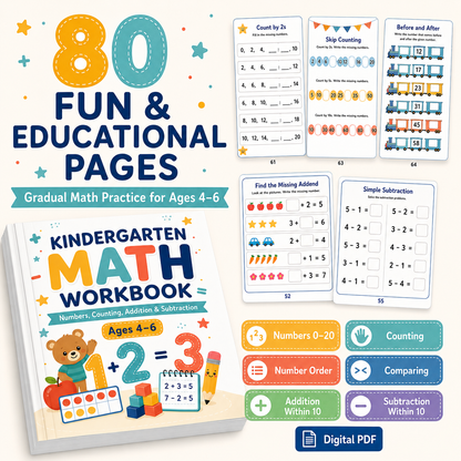 Kindergarten Math Workbook Ages 4–6 | Numbers, Counting, Addition & Subtraction Printable PDF