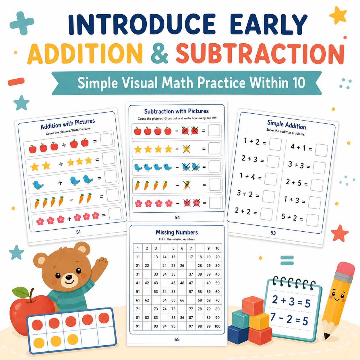 Kindergarten Math Workbook Ages 4–6 | Numbers, Counting, Addition & Subtraction Printable PDF