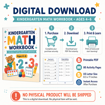 Kindergarten Math Workbook Ages 4–6 | Numbers, Counting, Addition & Subtraction Printable PDF