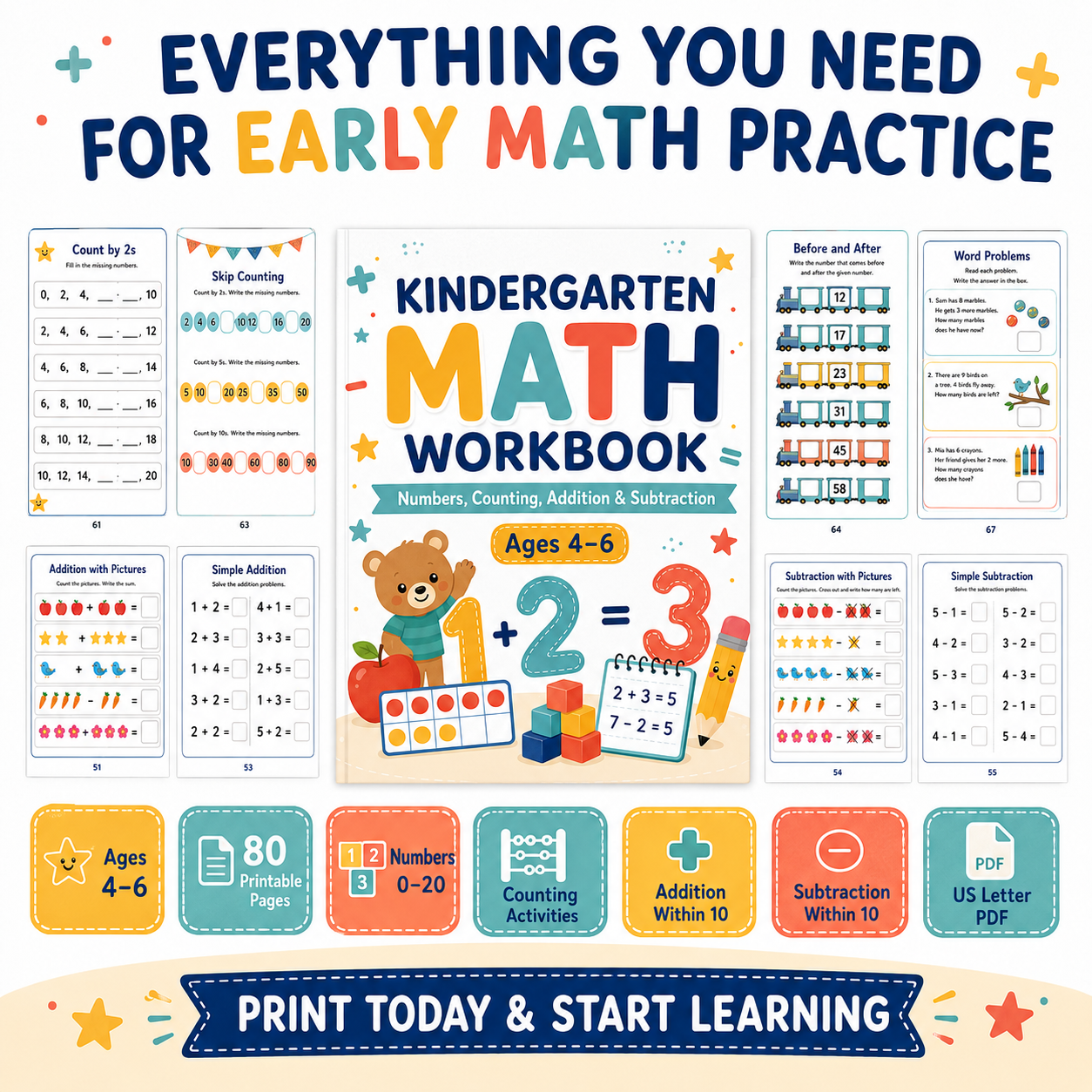 Kindergarten Math Workbook Ages 4–6 | Numbers, Counting, Addition & Subtraction Printable PDF