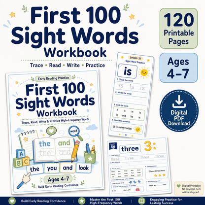 First 100 Sight Words Workbook | 120 Printable Tracing, Reading, Writing & High-Frequency Word Activities for Ages 4–7