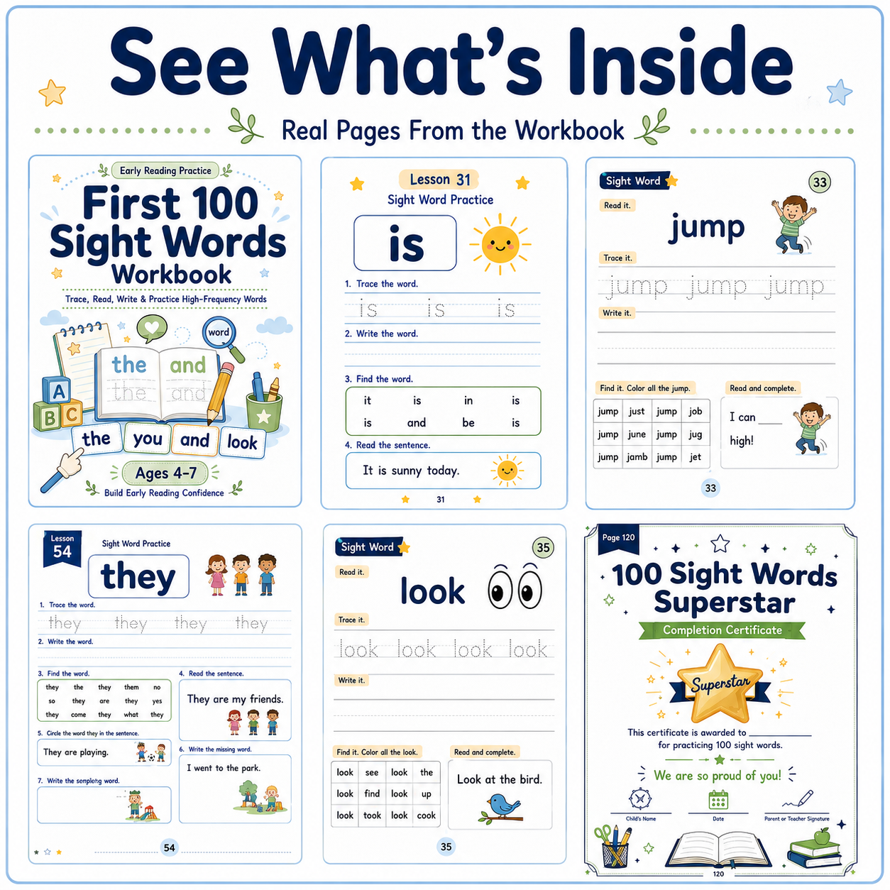 First 100 Sight Words Workbook | 120 Printable Tracing, Reading, Writing & High-Frequency Word Activities for Ages 4–7
