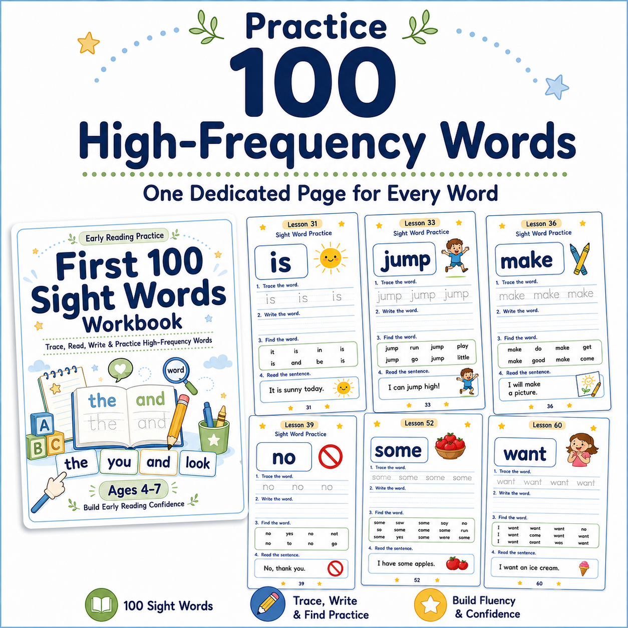First 100 Sight Words Workbook | 120 Printable Tracing, Reading, Writing & High-Frequency Word Activities for Ages 4–7