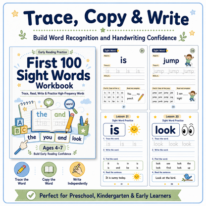 First 100 Sight Words Workbook | 120 Printable Tracing, Reading, Writing & High-Frequency Word Activities for Ages 4–7