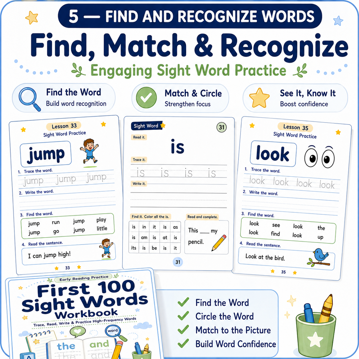 First 100 Sight Words Workbook | 120 Printable Tracing, Reading, Writing & High-Frequency Word Activities for Ages 4–7