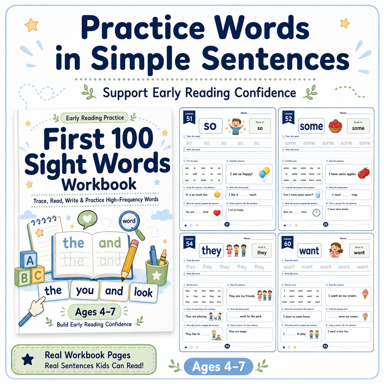 First 100 Sight Words Workbook | 120 Printable Tracing, Reading, Writing & High-Frequency Word Activities for Ages 4–7