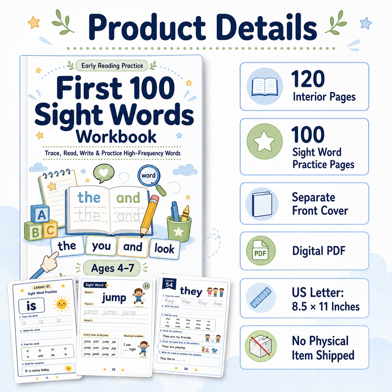 First 100 Sight Words Workbook | 120 Printable Tracing, Reading, Writing & High-Frequency Word Activities for Ages 4–7