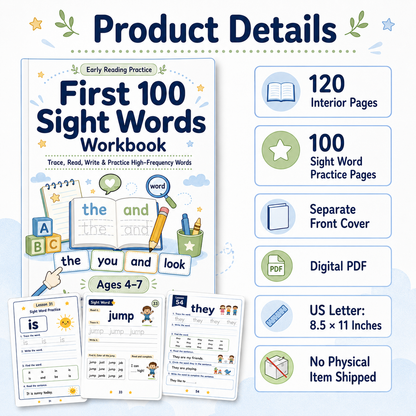 First 100 Sight Words Workbook | 120 Printable Tracing, Reading, Writing & High-Frequency Word Activities for Ages 4–7