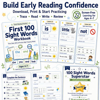 First 100 Sight Words Workbook | 120 Printable Tracing, Reading, Writing & High-Frequency Word Activities for Ages 4–7