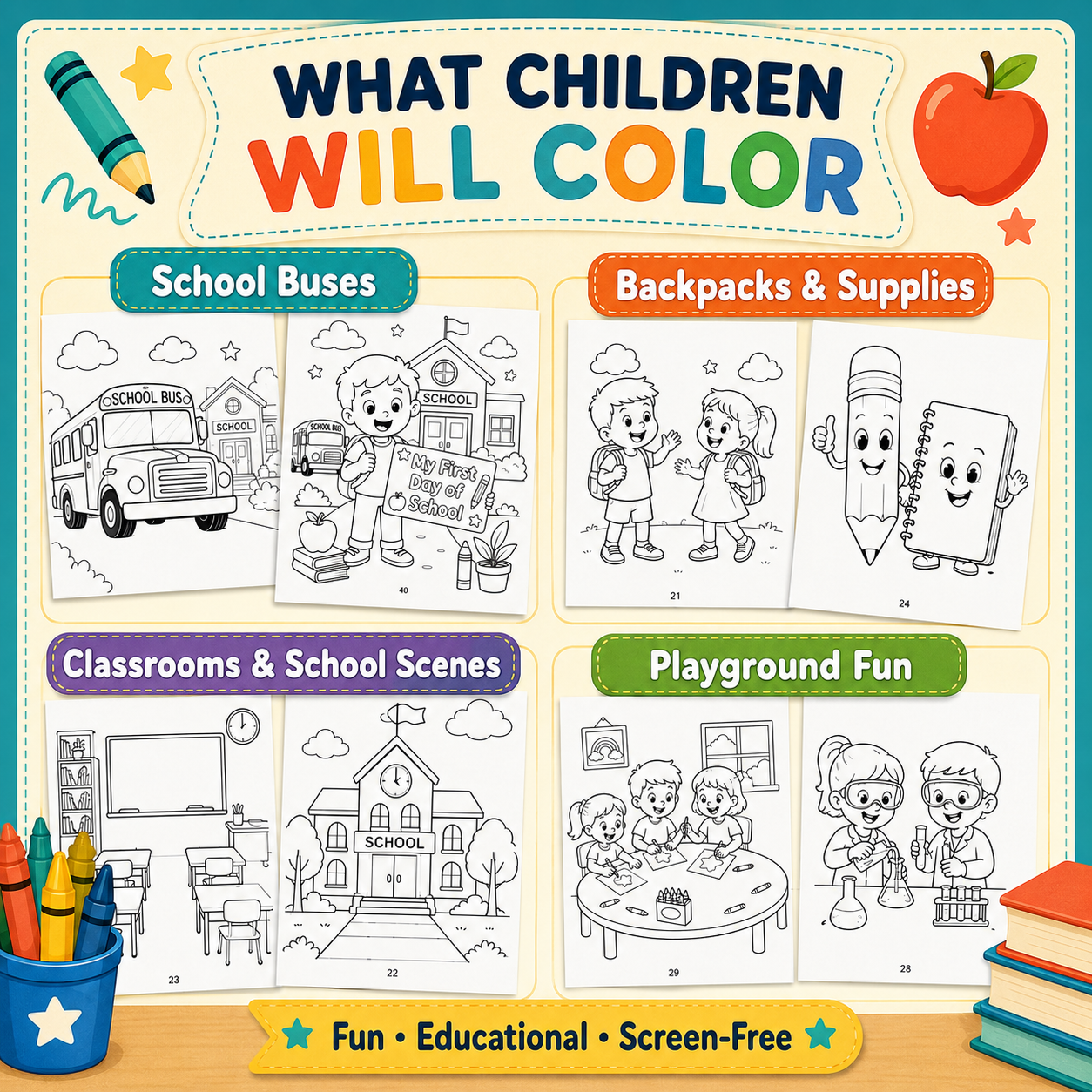 Back to School Coloring Book for Kids Ages 3–7 | 40 Fun Printable School Coloring Pages
