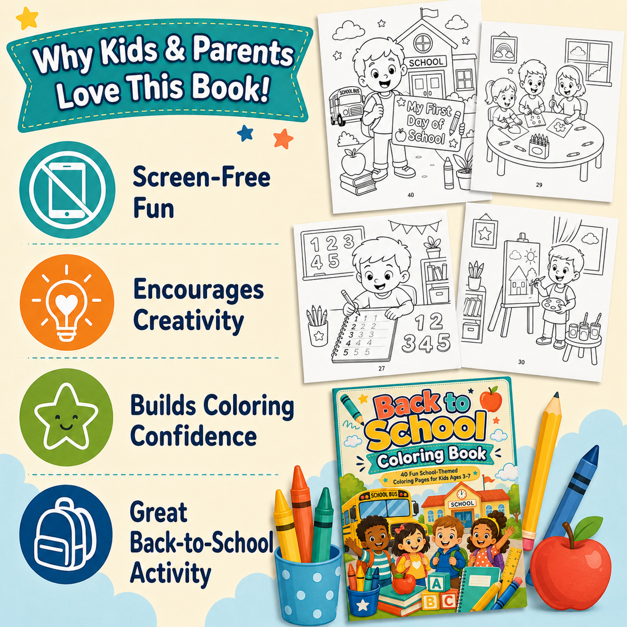Back to School Coloring Book for Kids Ages 3–7 | 40 Fun Printable School Coloring Pages