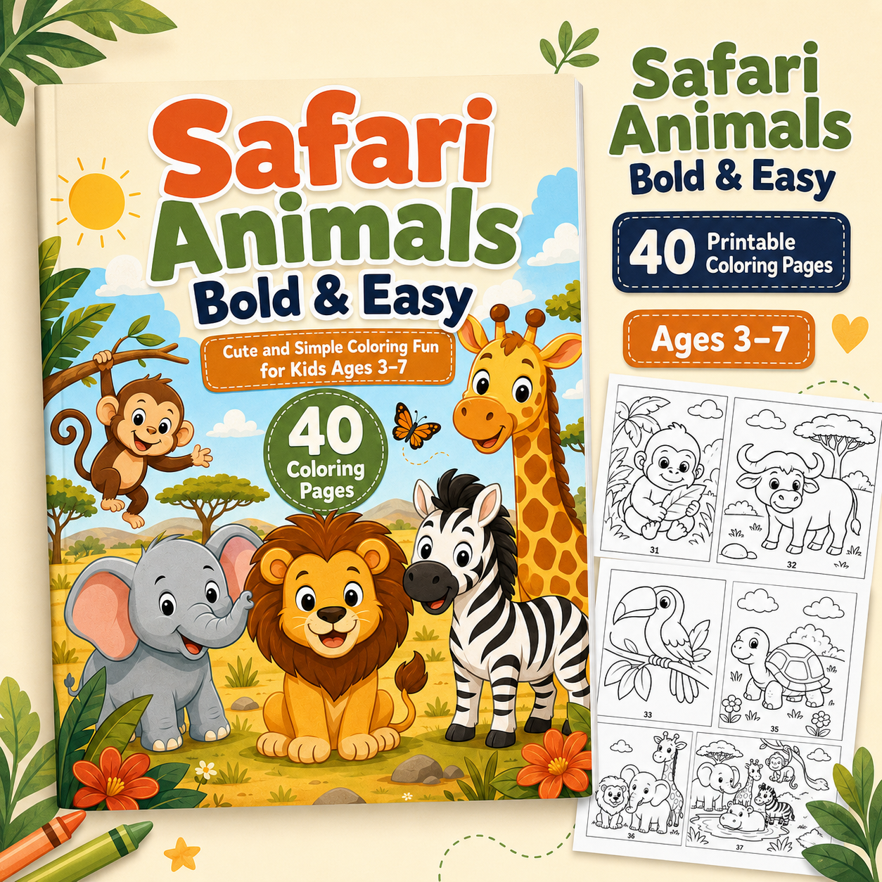 Safari Animals Bold &amp; Easy Coloring Book for Kids Ages 3–7 | 40 Printable Safari Coloring Pages