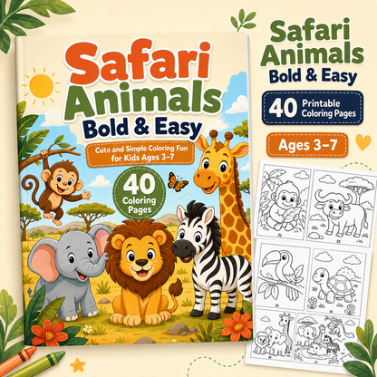 Safari Animals Bold &amp; Easy Coloring Book for Kids Ages 3–7 | 40 Printable Safari Coloring Pages