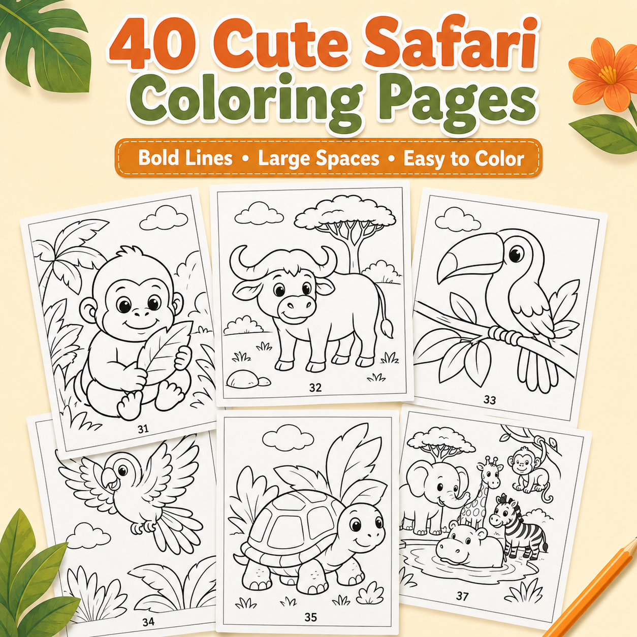 Safari Animals Bold &amp; Easy Coloring Book for Kids Ages 3–7 | 40 Printable Safari Coloring Pages