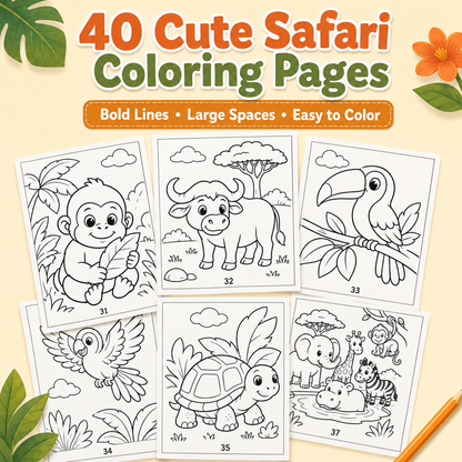 Safari Animals Bold &amp; Easy Coloring Book for Kids Ages 3–7 | 40 Printable Safari Coloring Pages