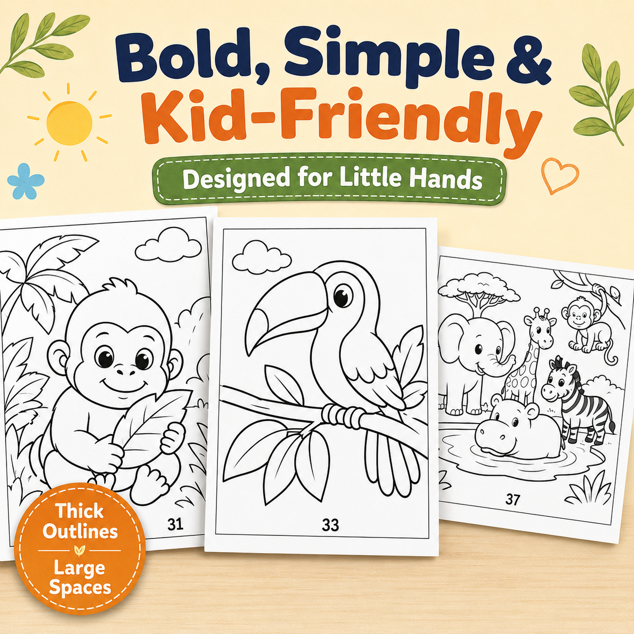 Safari Animals Bold &amp; Easy Coloring Book for Kids Ages 3–7 | 40 Printable Safari Coloring Pages