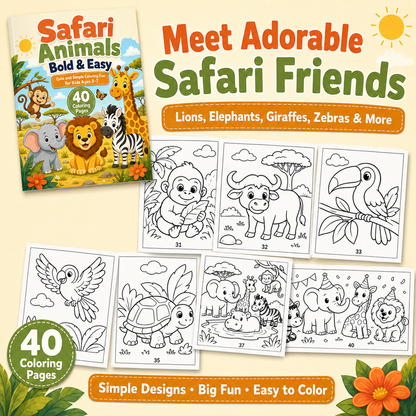 Safari Animals Bold &amp; Easy Coloring Book for Kids Ages 3–7 | 40 Printable Safari Coloring Pages