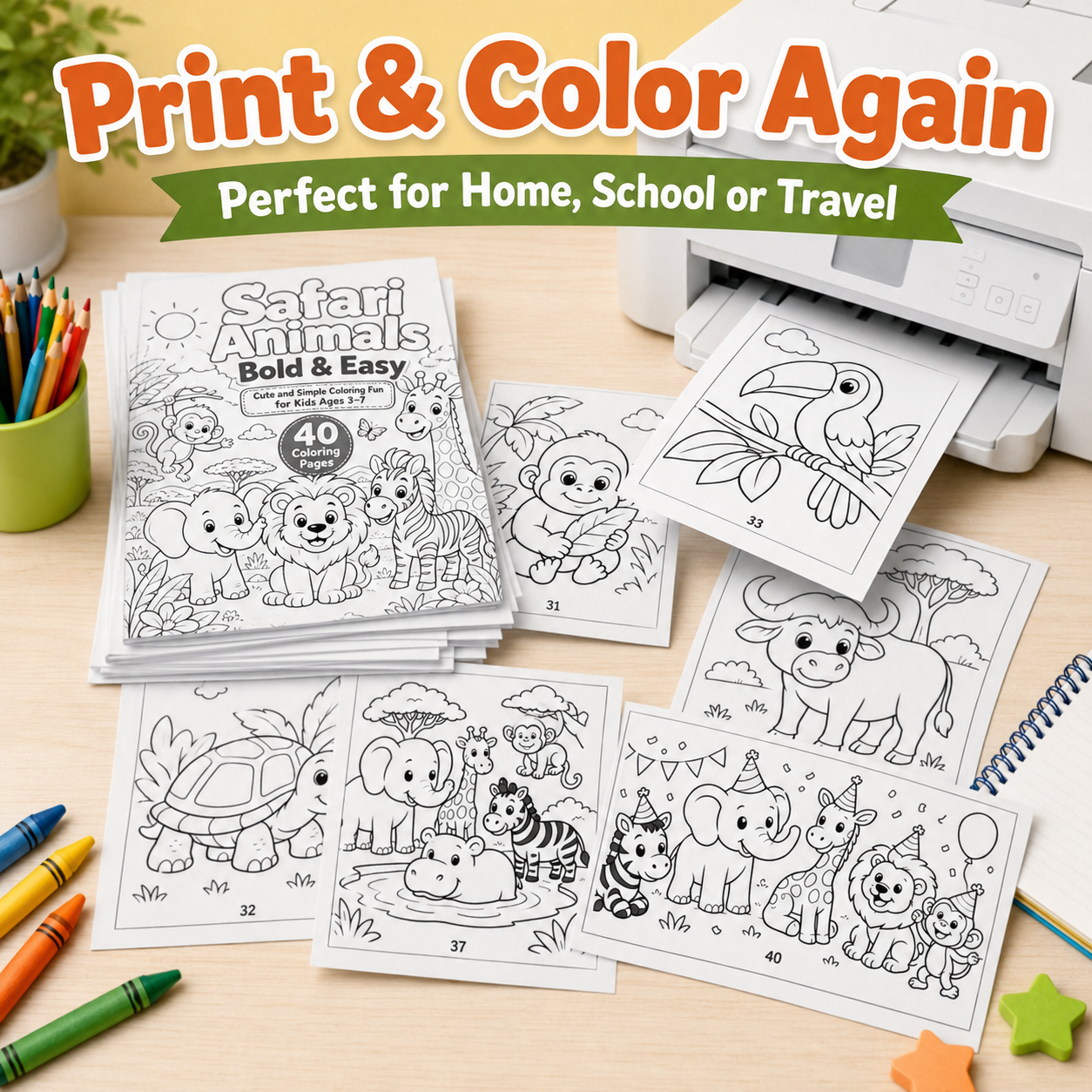 Safari Animals Bold &amp; Easy Coloring Book for Kids Ages 3–7 | 40 Printable Safari Coloring Pages
