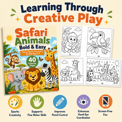 Safari Animals Bold &amp; Easy Coloring Book for Kids Ages 3–7 | 40 Printable Safari Coloring Pages