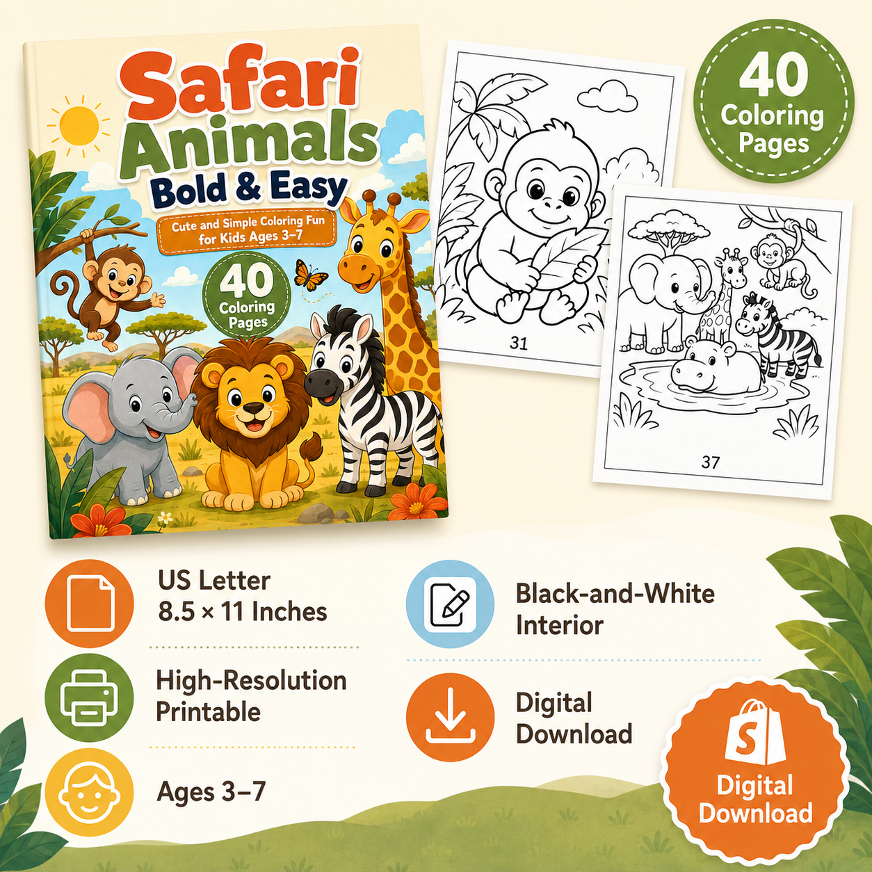 Safari Animals Bold &amp; Easy Coloring Book for Kids Ages 3–7 | 40 Printable Safari Coloring Pages