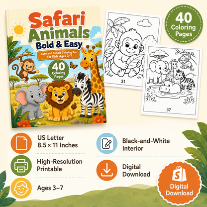 Safari Animals Bold &amp; Easy Coloring Book for Kids Ages 3–7 | 40 Printable Safari Coloring Pages