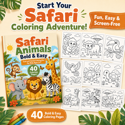 Safari Animals Bold &amp; Easy Coloring Book for Kids Ages 3–7 | 40 Printable Safari Coloring Pages