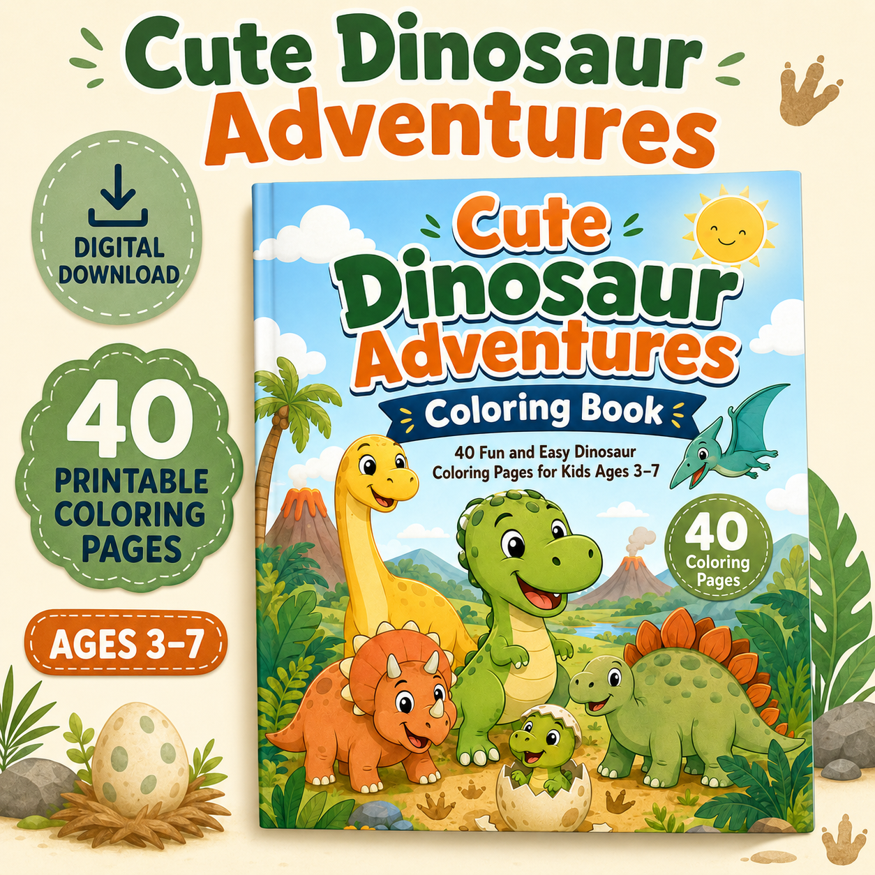 Cute Dinosaur Adventures Coloring Book for Kids Ages 3–7 | 40 Printable Dinosaur Coloring Pages