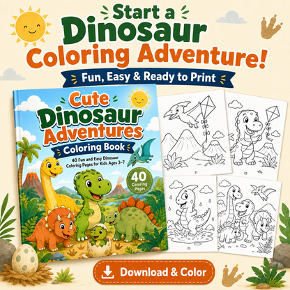 Cute Dinosaur Adventures Coloring Book for Kids Ages 3–7 | 40 Printable Dinosaur Coloring Pages