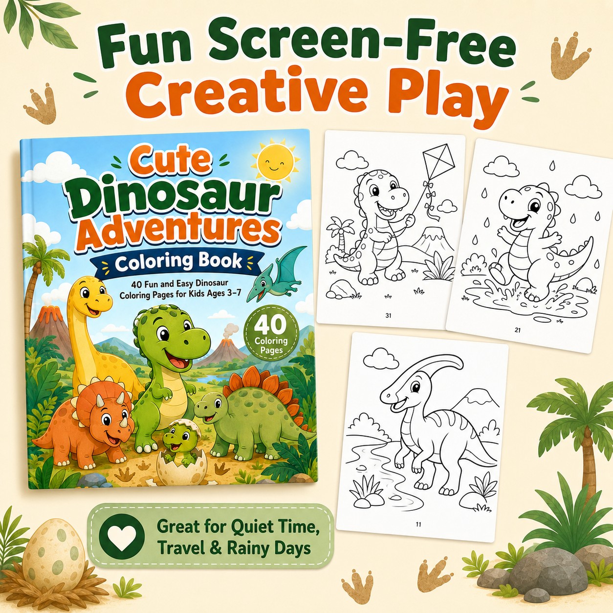 Cute Dinosaur Adventures Coloring Book for Kids Ages 3–7 | 40 Printable Dinosaur Coloring Pages