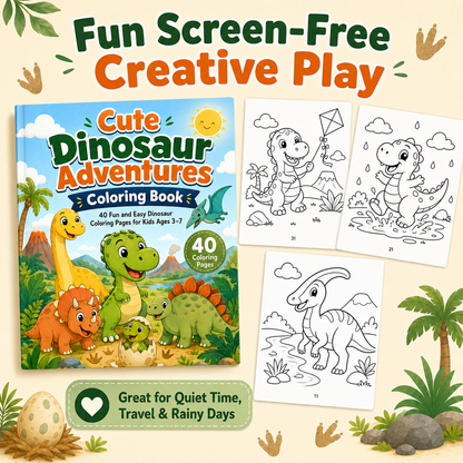 Cute Dinosaur Adventures Coloring Book for Kids Ages 3–7 | 40 Printable Dinosaur Coloring Pages