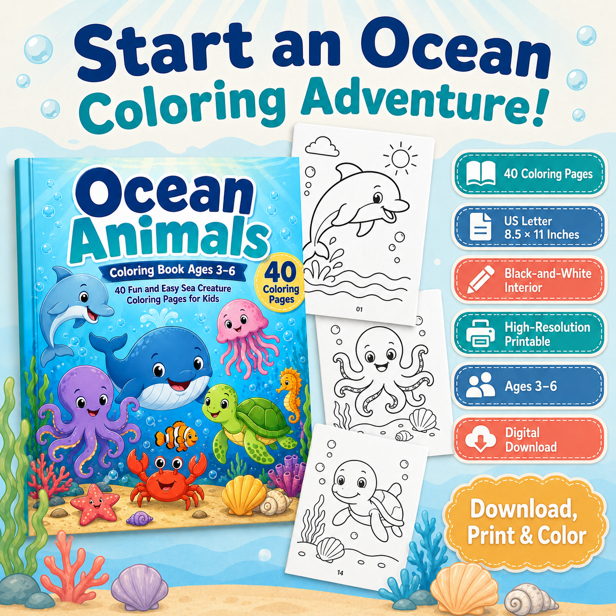 Ocean Animals Coloring Book Ages 3–6