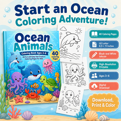 Ocean Animals Coloring Book Ages 3–6