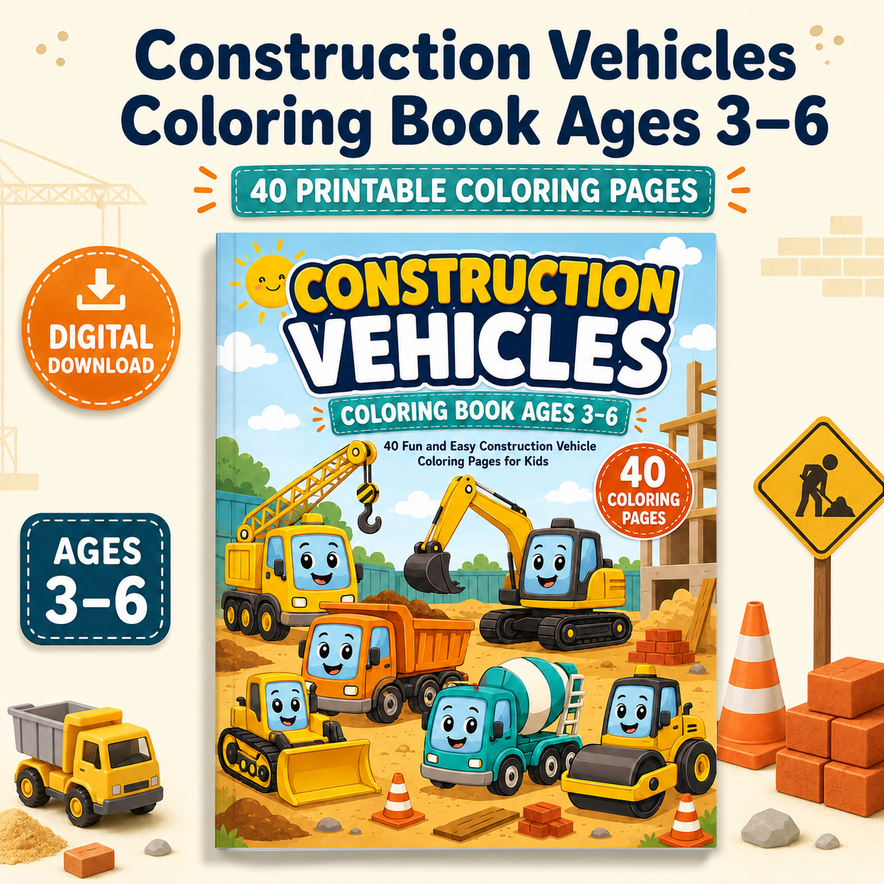 Construction Vehicles Coloring Book Ages 3–6