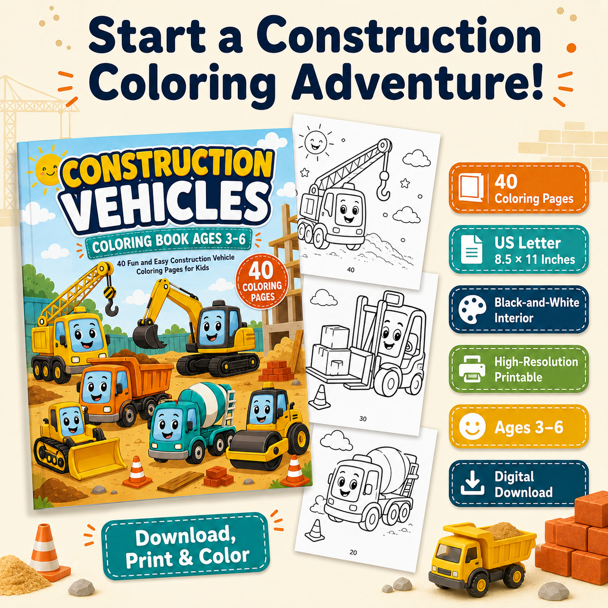Construction Vehicles Coloring Book Ages 3–6