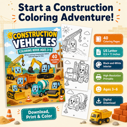 Construction Vehicles Coloring Book Ages 3–6