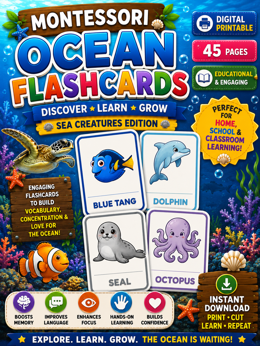 Montessori Ocean Flashcards for Kids – 45 Printable Sea Creatures Learning Cards