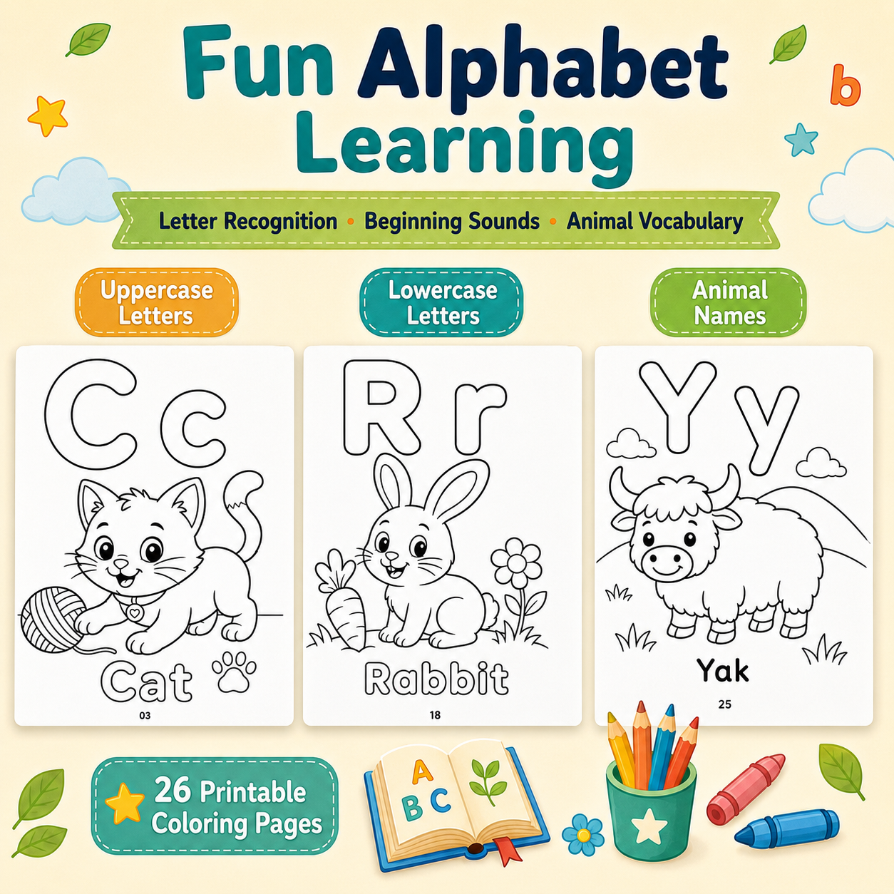 A–Z Animal Alphabet Coloring Book for Kids Ages 3–7