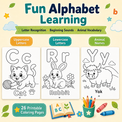 A–Z Animal Alphabet Coloring Book for Kids Ages 3–7