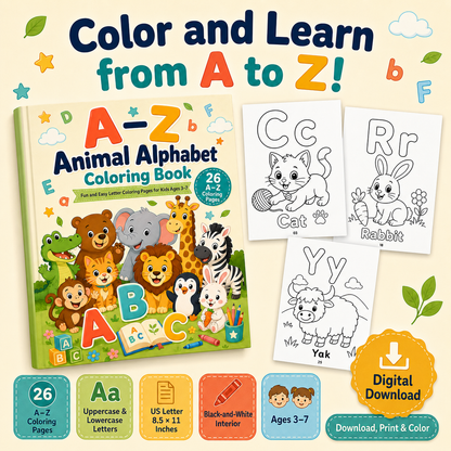 A–Z Animal Alphabet Coloring Book for Kids Ages 3–7