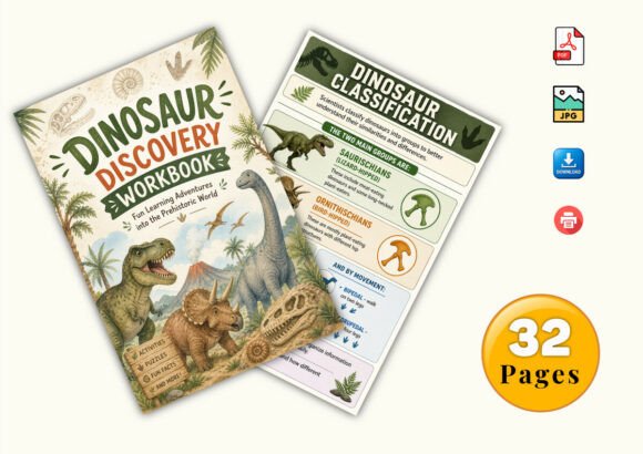 ✨ Printable Dinosaur Discovery Workbook Template – 32 Prehistoric Learning Pages ✨ Roar into a thrilling, screen-free educational adventure through the prehistoric world! 🦖🦕