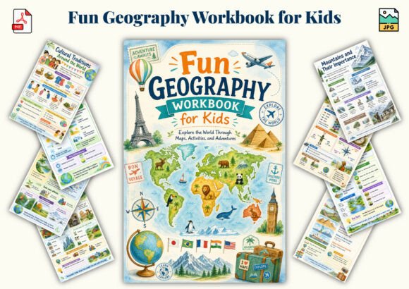 ✨ Printable Fun Geography Workbook Template – 44 World Adventure Pages ✨ Take young explorers on an exciting, screen-free journey around the globe! 🌍🧭
