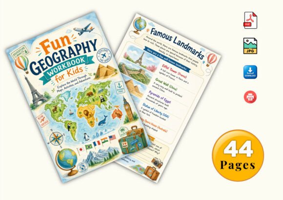 ✨ Printable Fun Geography Workbook Template – 44 World Adventure Pages ✨ Take young explorers on an exciting, screen-free journey around the globe! 🌍🧭